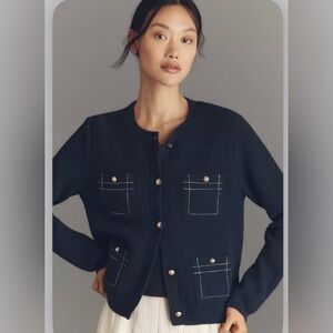 NVLT Knit Topstitch Jacket Anthropologie Navy Lady Cardigan Sz: XS